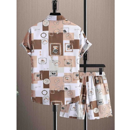 Generic Men's Lycra Printed Half Sleeve Shirt and Shorts Set (Cream)