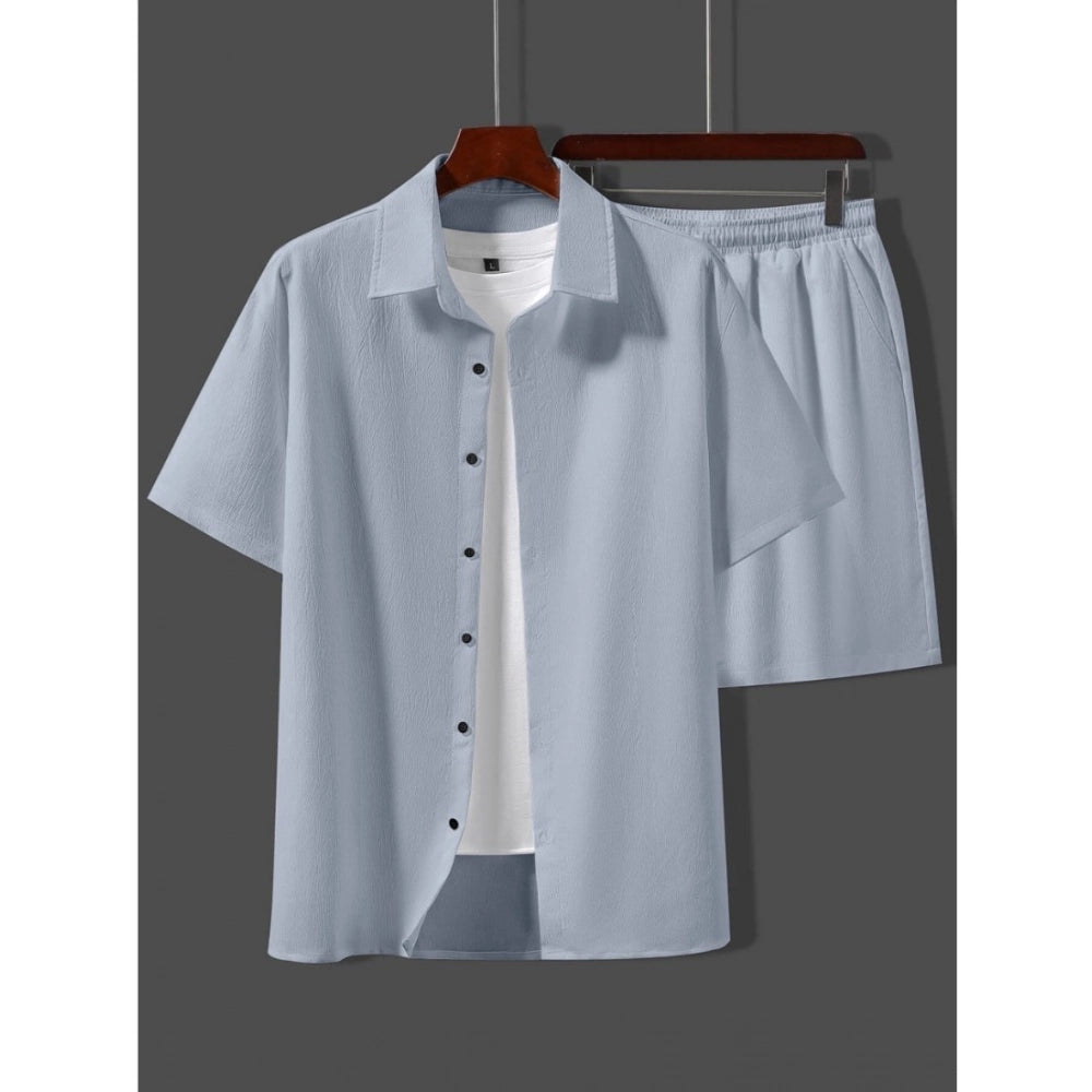 Generic Men's Popcon Solid Half Sleeve Shirt and Shorts Set (Light Blue)