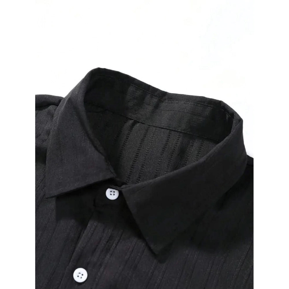 Generic Men's Popcon Striped Half Sleeve Shirt and Shorts Set (Black)