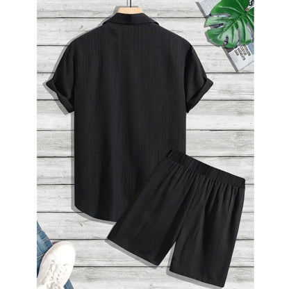 Generic Men's Popcon Striped Half Sleeve Shirt and Shorts Set (Black)