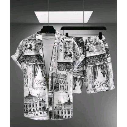 Generic Men's Lycra Printed Half Sleeve Shirt and Shorts Set (White)