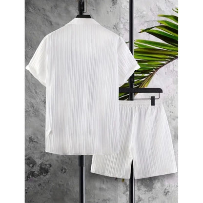 Generic Men's Popcon Striped Half Sleeve Shirt and Shorts Set (White)