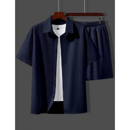 Generic Men's Popcon Solid Half Sleeve Shirt and Shorts Set (Dark Blue)