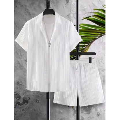 Generic Men's Popcon Striped Half Sleeve Shirt and Shorts Set (White)