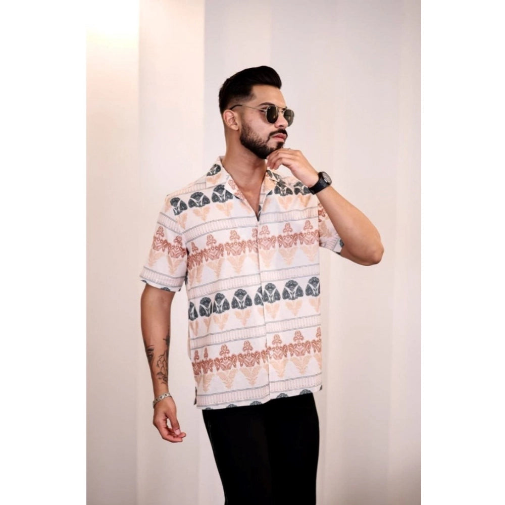 Generic Men's Linen Printed Half Sleeve Shirt (Cream Orange)