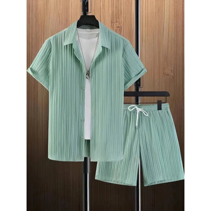 Generic Men's Popcon Striped Half Sleeve Shirt and Shorts Set (Green)