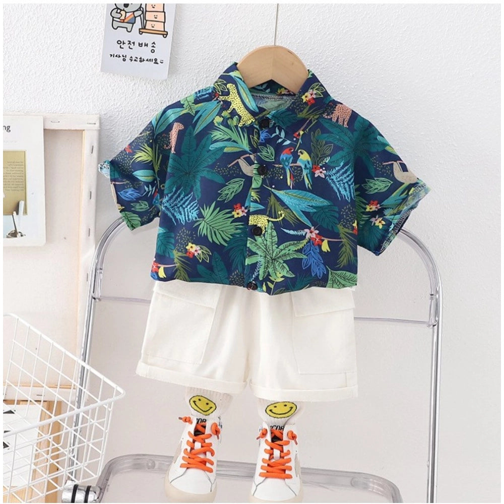 Generic Kid's Lycra Printed Casual wear Shirt And Shorts Set (Blue)
