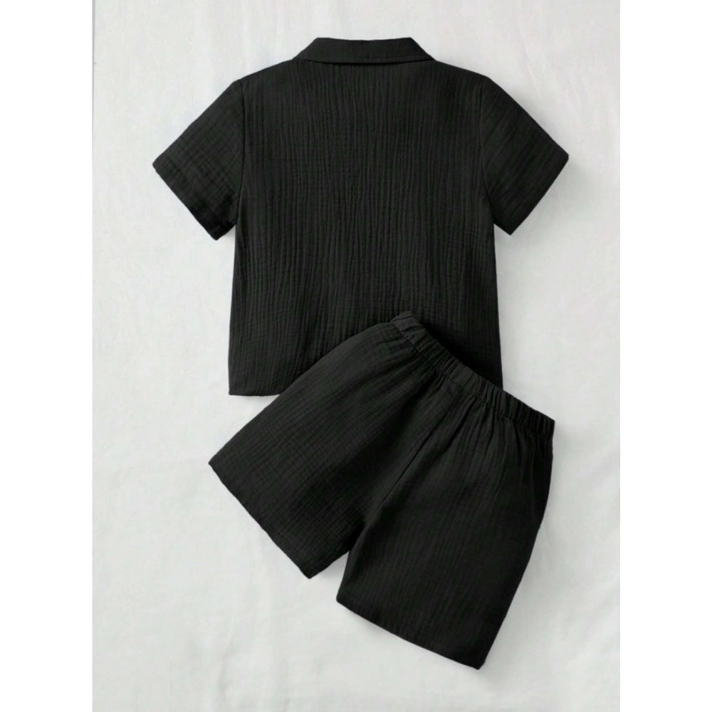 Generic Boy's Popcorn Solid Short Sleeve Shirt And Shorts Set (Black)