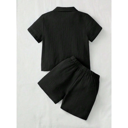 Generic Boy's Popcorn Solid Short Sleeve Shirt And Shorts Set (Black)