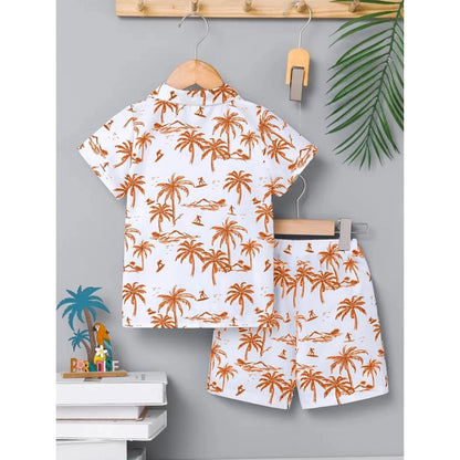 Generic Boy's Twill Cotton Printed Short Sleeve Shirt And Shorts Set (Brown)