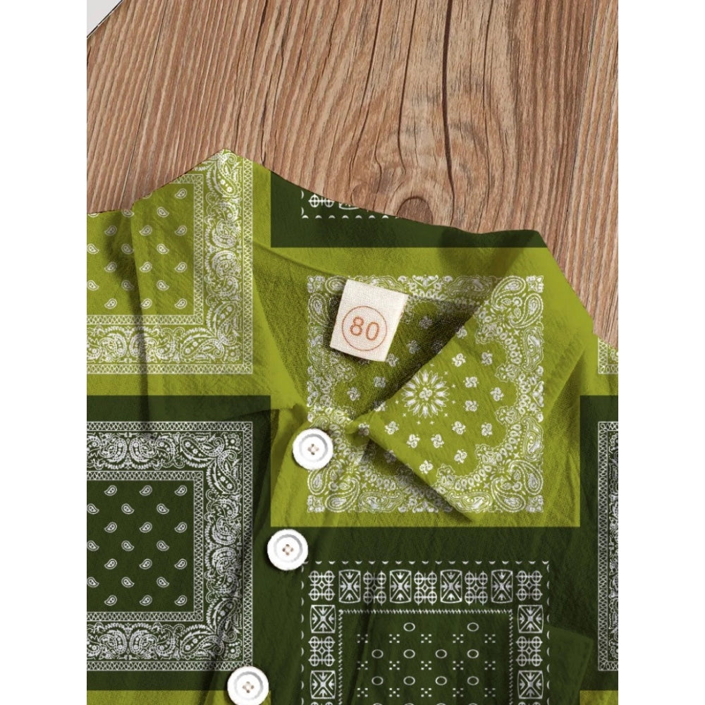 Generic Boy's Twill Cotton Printed Short Sleeve Shirt And Shorts Set (Green)