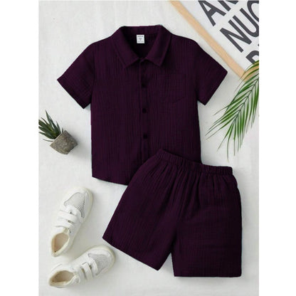 Generic Boy's Popcorn Solid Short Sleeve Shirt And Shorts Set (Wine)