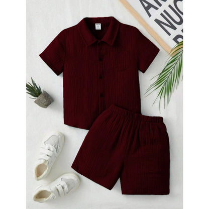 Generic Boy's Popcorn Solid Short Sleeve Shirt And Shorts Set (Maroon)