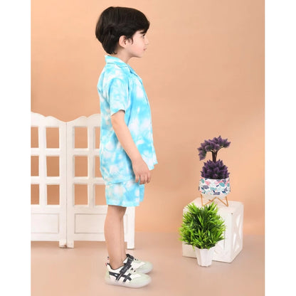 Generic Boy's Twill Cotton Printed Short Sleeve Shirt And Shorts Set (Sky Blue)