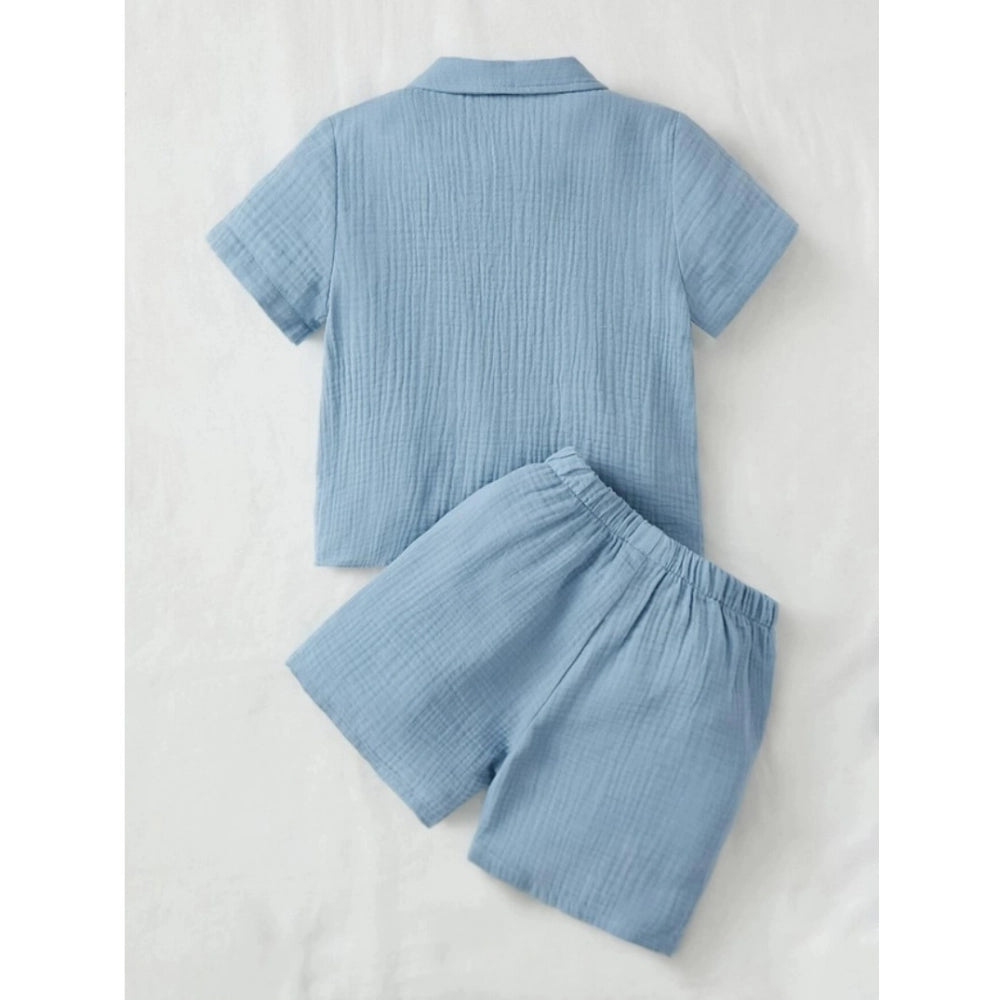 Generic Boy's Popcorn Solid Short Sleeve Shirt And Shorts Set (Sky)
