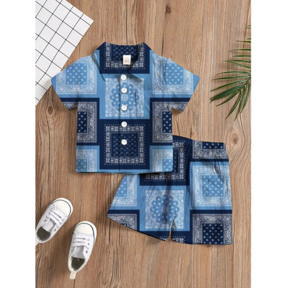 Generic Boy's Twill Cotton Printed Short Sleeve Shirt And Shorts Set (Blue)