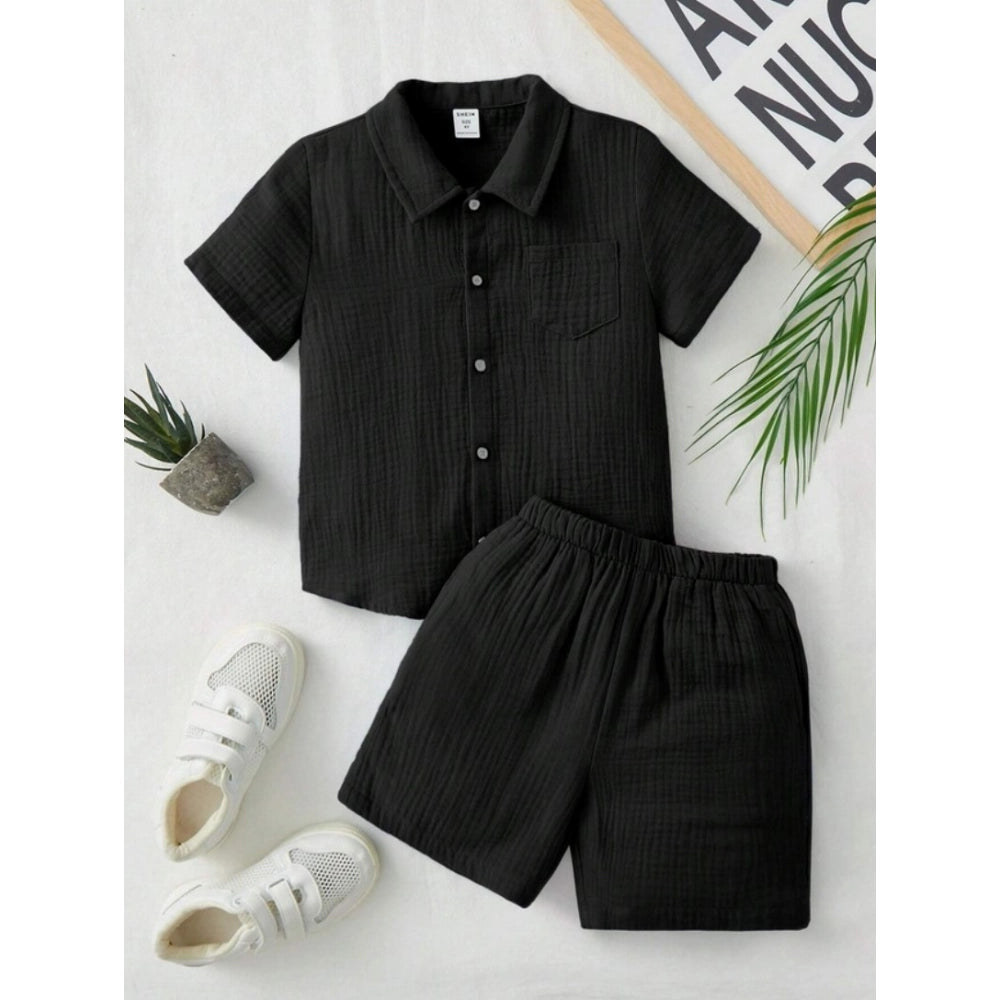 Generic Boy's Popcorn Solid Short Sleeve Shirt And Shorts Set (Black)