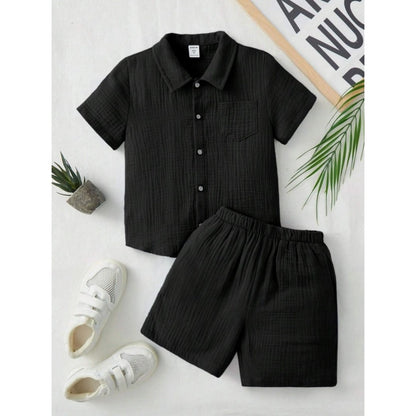 Generic Boy's Popcorn Solid Short Sleeve Shirt And Shorts Set (Black)