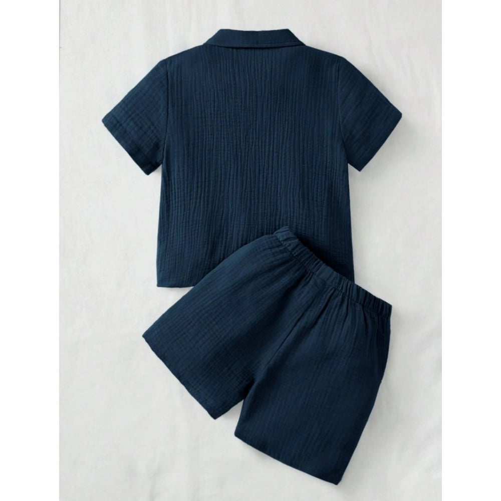 Generic Boy's Popcorn Solid Short Sleeve Shirt And Shorts Set (Navy)