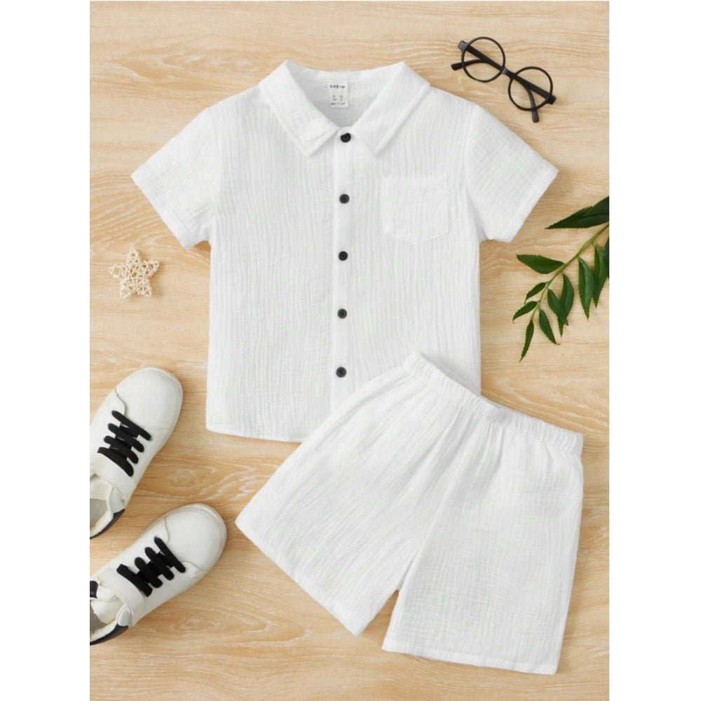 Generic Boy's Popcorn Solid Short Sleeve Shirt And Shorts Set (White)