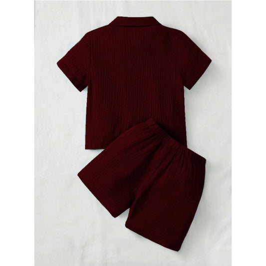 Generic Boy's Popcorn Solid Short Sleeve Shirt And Shorts Set (Maroon)