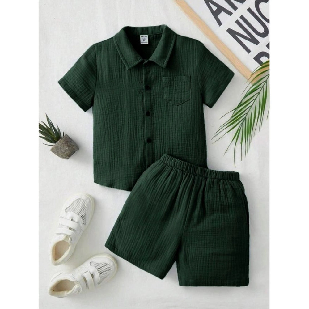 Generic Boy's Popcorn Solid Short Sleeve Shirt And Shorts Set (Green)