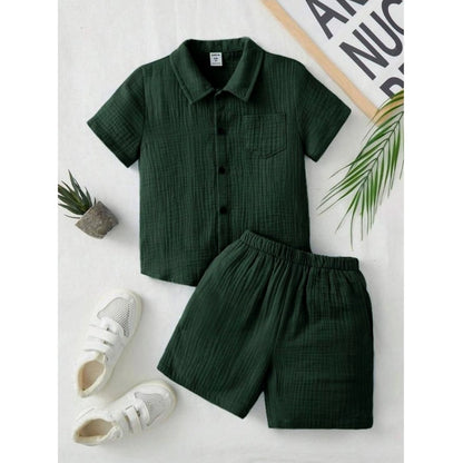 Generic Boy's Popcorn Solid Short Sleeve Shirt And Shorts Set (Green)