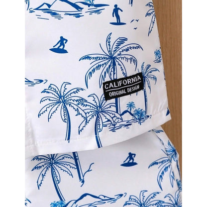 Generic Boy's Twill Cotton Printed Short Sleeve Shirt And Shorts Set (Blue)