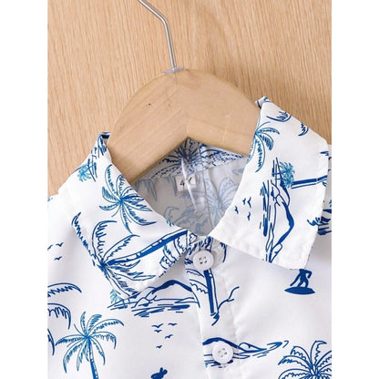 Generic Boy's Twill Cotton Printed Short Sleeve Shirt And Shorts Set (Blue)