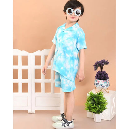 Generic Boy's Twill Cotton Printed Short Sleeve Shirt And Shorts Set (Sky Blue)