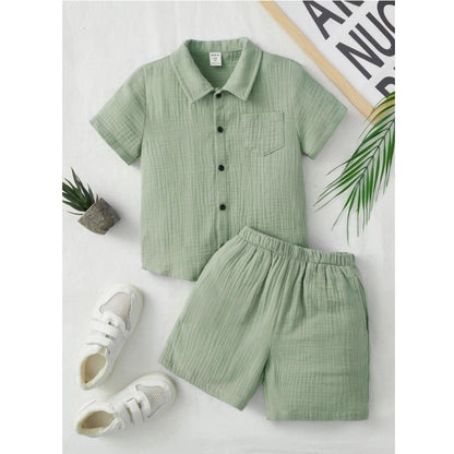 Generic Boy's Popcorn Solid Short Sleeve Shirt And Shorts Set (Pista)
