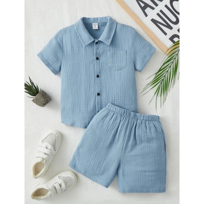 Generic Boy's Popcorn Solid Short Sleeve Shirt And Shorts Set (Sky)
