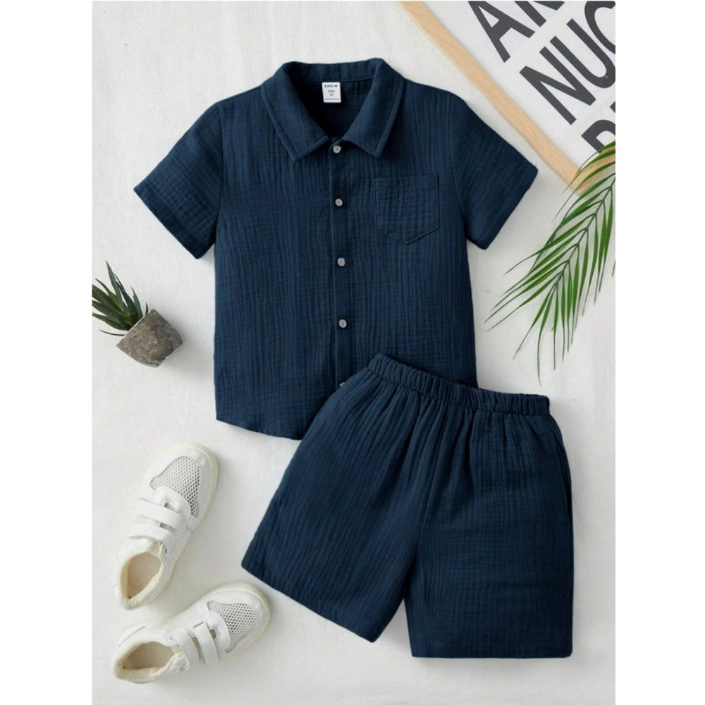 Generic Boy's Popcorn Solid Short Sleeve Shirt And Shorts Set (Navy)