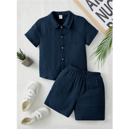 Generic Boy's Popcorn Solid Short Sleeve Shirt And Shorts Set (Navy)