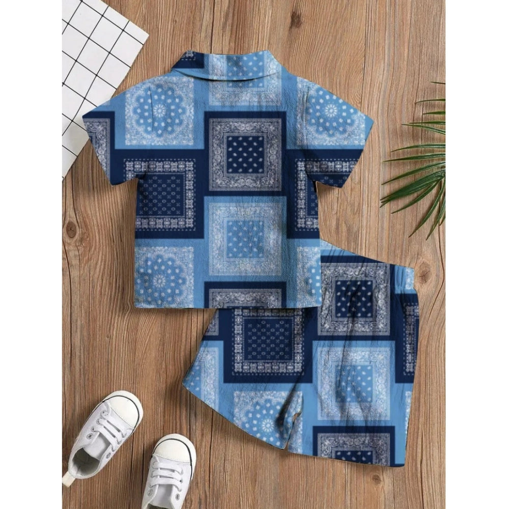 Generic Boy's Twill Cotton Printed Short Sleeve Shirt And Shorts Set (Blue)