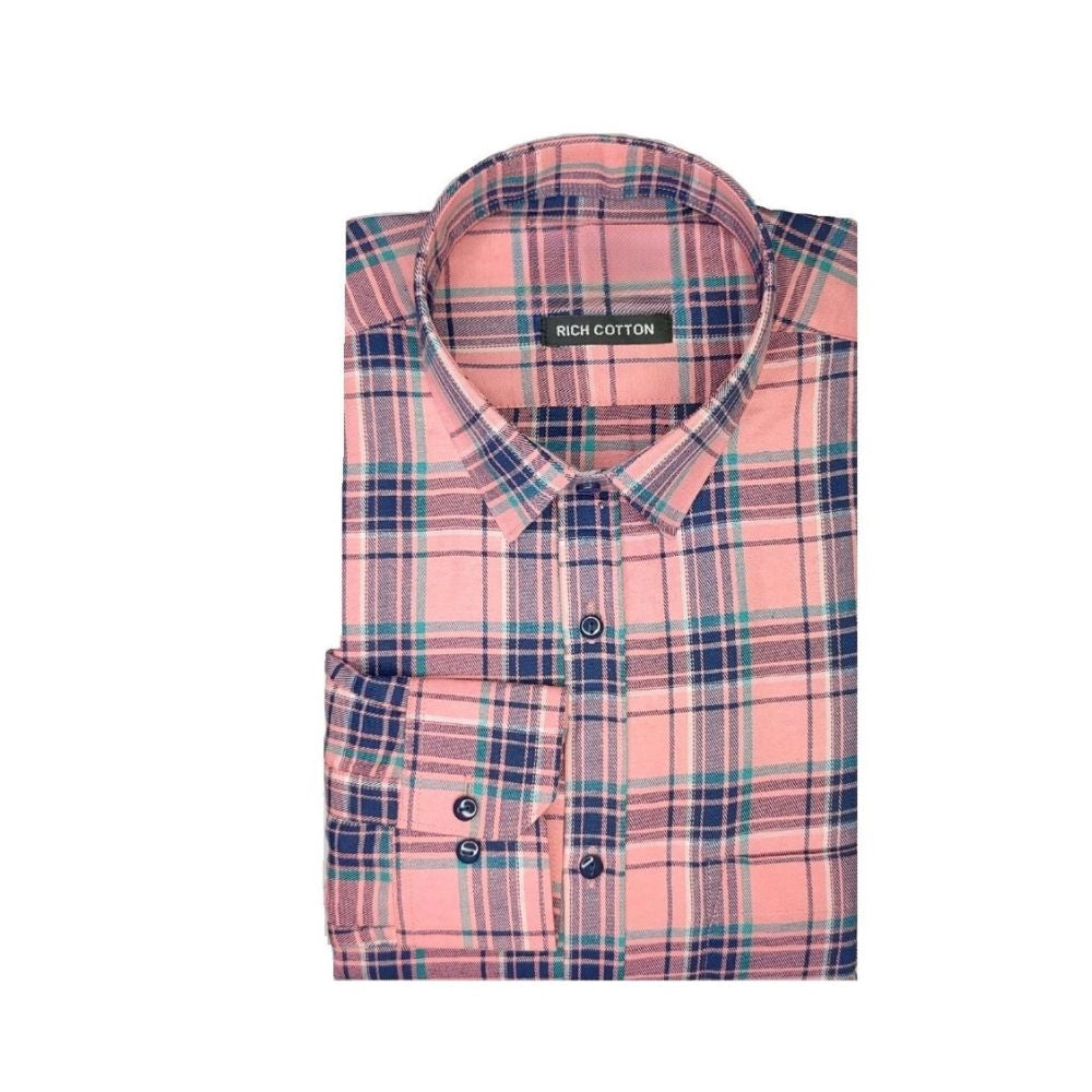 Generic Men's Cotton Lycra Full Sleeve Checked Casual Shirt (Peach)