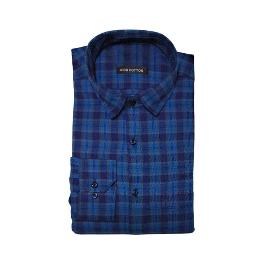 Generic Men's Cotton Lycra Full Sleeve Checked Casual Shirt (Dark Blue)