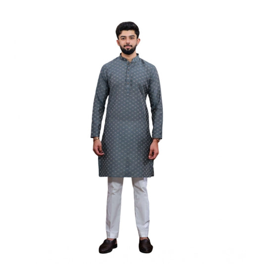 Exquisite Men's Casual Cotton Printed Full Sleeve Kurta Pyjama Set (Grey)
