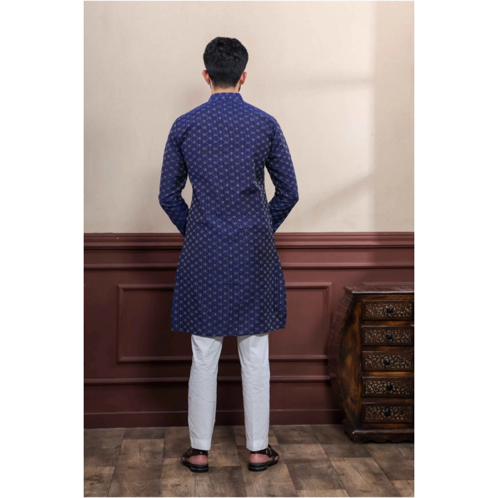 Generic Men's Casual Cotton Printed Full Sleeve Kurta Pyjama Set (Blue)