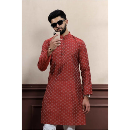 Generic Men's Casual Cotton Printed Full Sleeve Kurta Pyjama Set (Maroon)