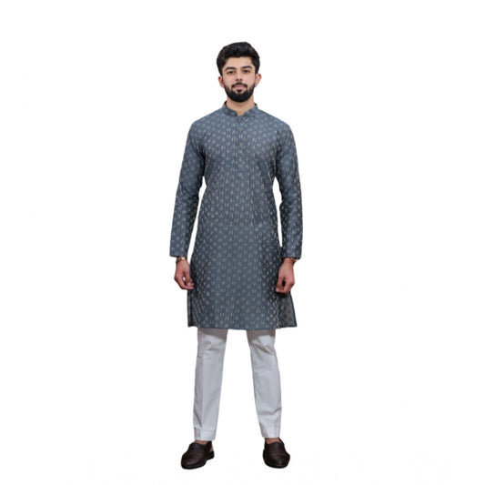 Royal Drape Men's Casual Cotton Printed Full Sleeve Kurta Pyjama Set (Grey)