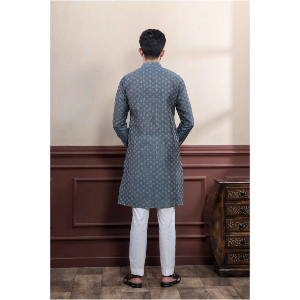 Generic Men's Casual Cotton Printed Full Sleeve Kurta Pyjama Set (Grey)