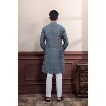 Generic Men's Casual Cotton Printed Full Sleeve Kurta Pyjama Set (Grey)