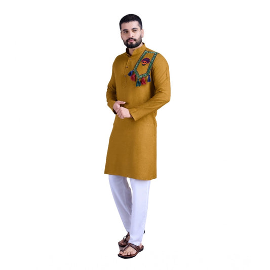 The Celebration Edit Men's Rayon Mirror Embroidery Mandarin Collar Kurta (Yellow)