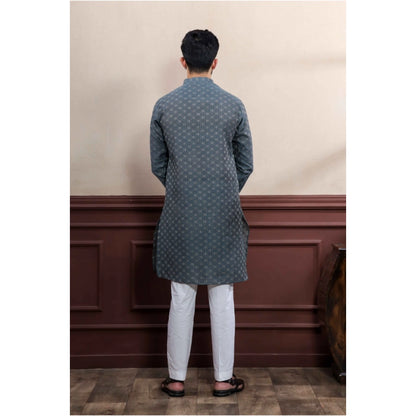 Generic Men's Casual Cotton Printed Full Sleeve Kurta Pyjama Set (Grey)