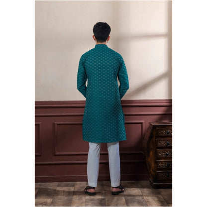 Generic Men's Casual Cotton Printed Full Sleeve Kurta Pyjama Set (Teal)