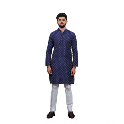 Generic Men's Casual Cotton Printed Full Sleeve Kurta Pyjama Set (Blue)