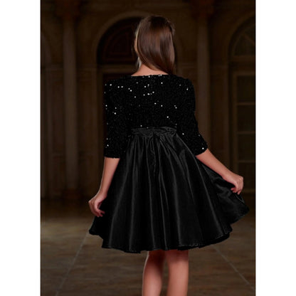 Generic Girl's Rayon Solid Round Neck Western Dress (Black)