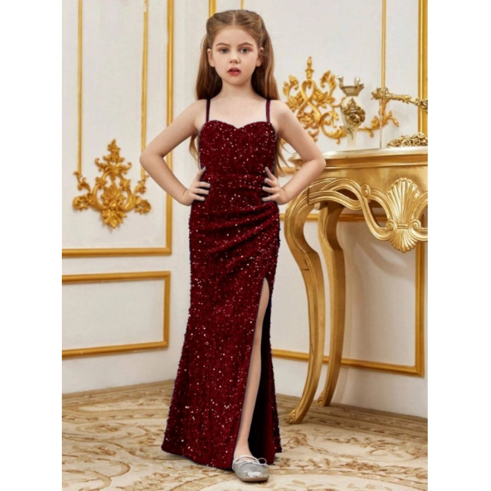 Generic Girl's Rayon Solid Off Sholder Western Dress (Maroon)
