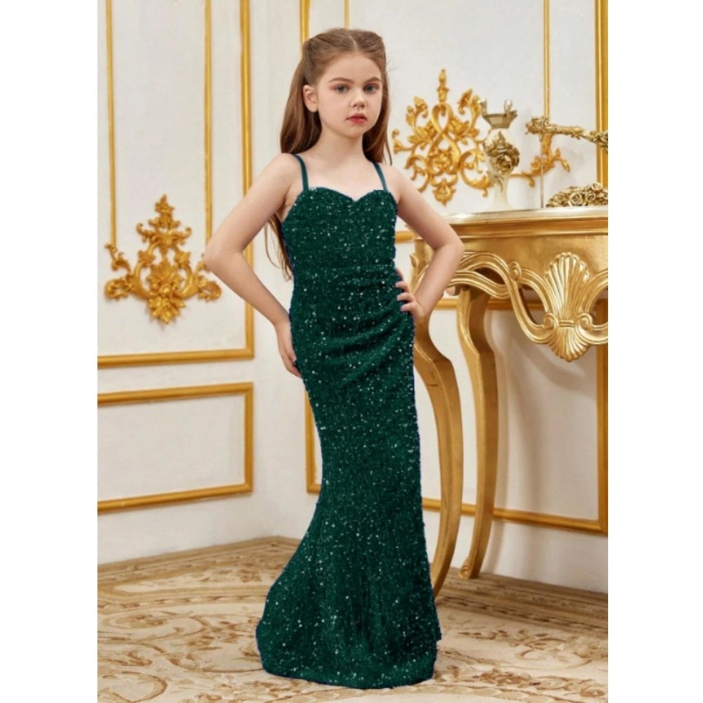Generic Girl's Rayon Solid Off Sholder Western Dress (Green)